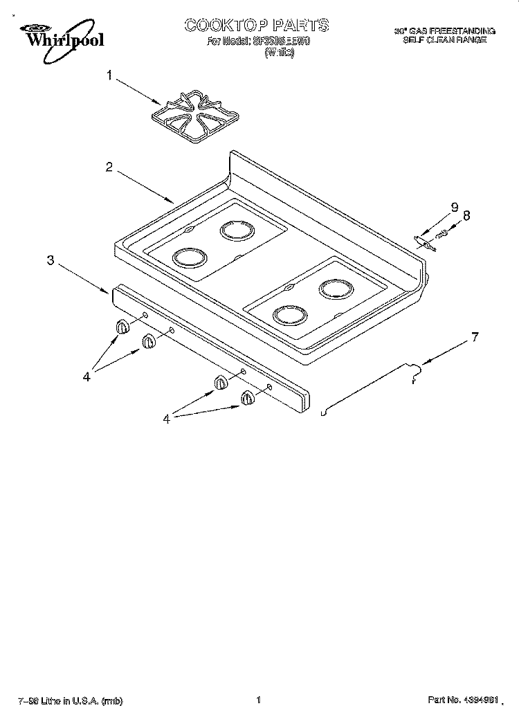 COOKTOP Diagram and Parts List for SF350BEEW0  Whirlpool Range