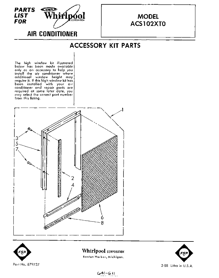 SECTION Diagram and Parts List for ACS102XT0  Whirlpool Air Conditioner
