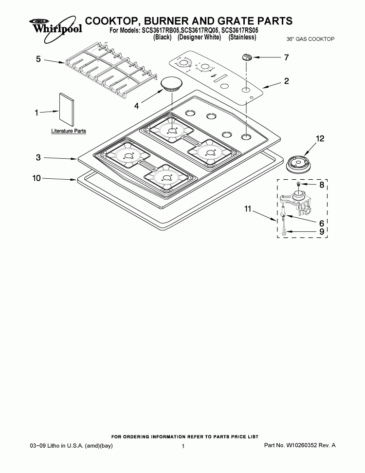 COOKTOP, BURNER AND GRATE PARTS Diagram and Parts List for SCS3617RB05  Whirlpool Cooktop