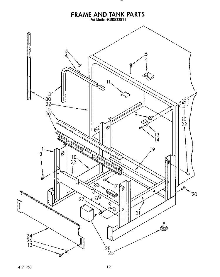 FRAME AND TANK Diagram and Parts List for KUDS22ST1  KitchenAid Dishwasher
