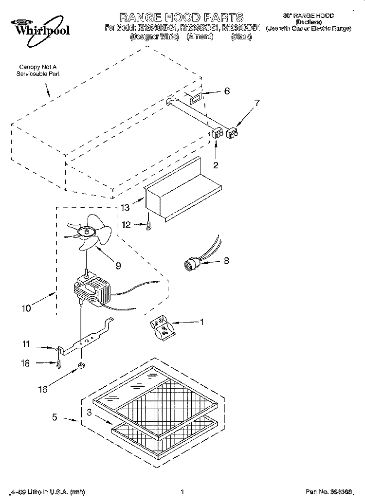 SECTION Diagram and Parts List for RH2630XDZ1  Whirlpool Range Hood