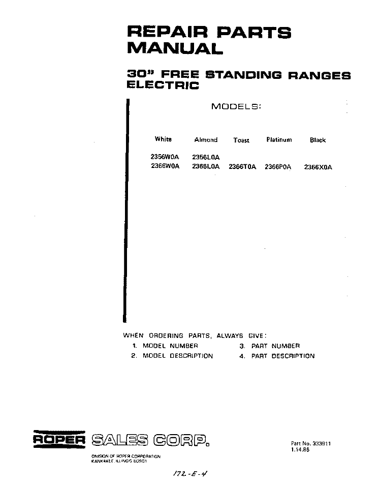 POWER LOCK Diagram and Parts List for 2366W0A  Roper Range