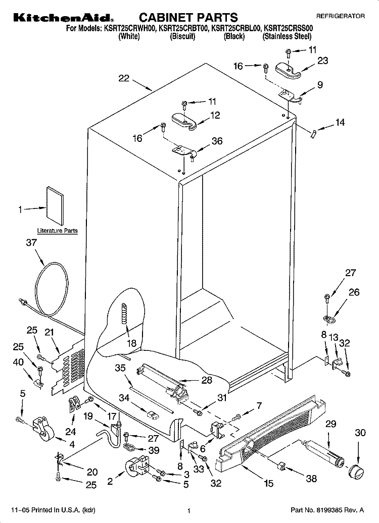 CABINET PARTS Diagram and Parts List for KSRT25CRBL00  KitchenAid Refrigerator