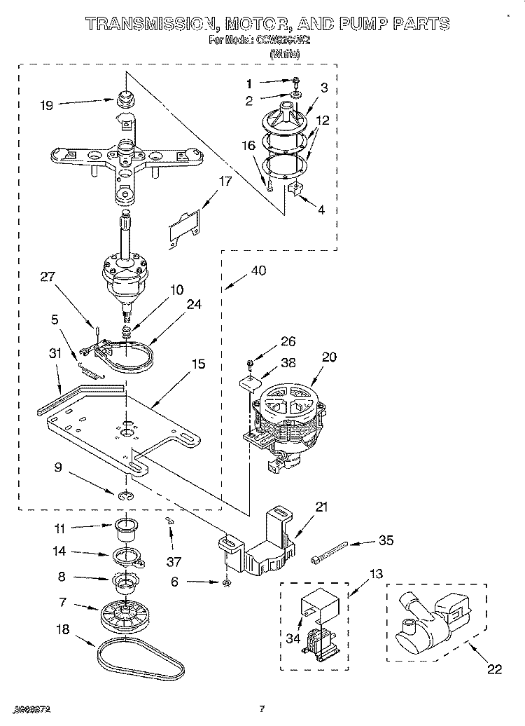 TRANSMISSION, MOTOR AND PUMP Diagram and Parts List for CCW5264W2  Whirlpool Washer