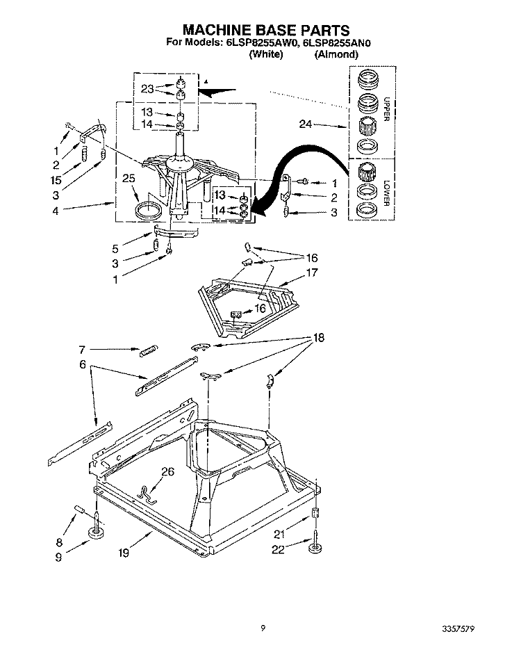 MACHINE BASE Diagram and Parts List for 6LSP8255AW0  Whirlpool Washer