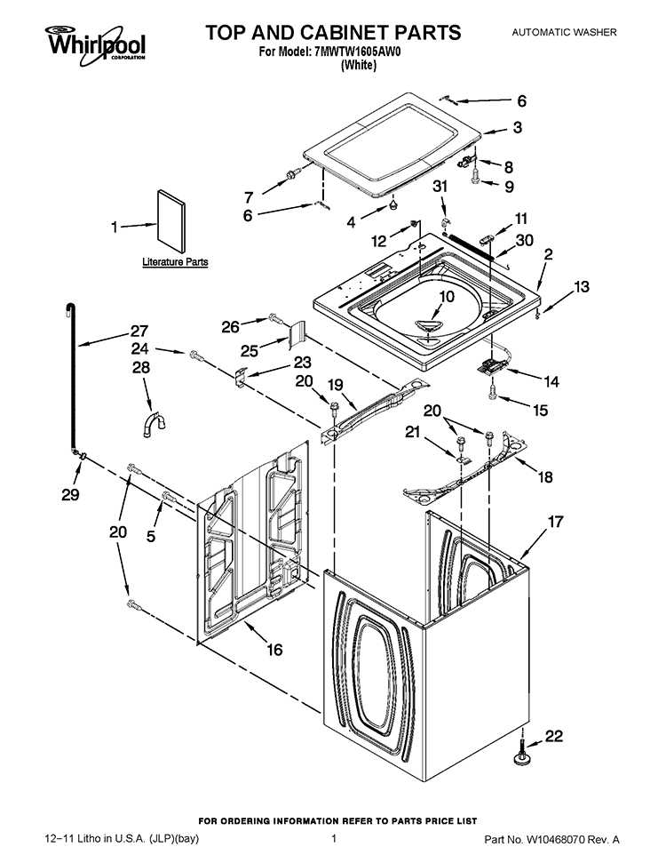 TOP AND CABINET PARTS Diagram and Parts List for 7MWTW1605AW0  Whirlpool Washer