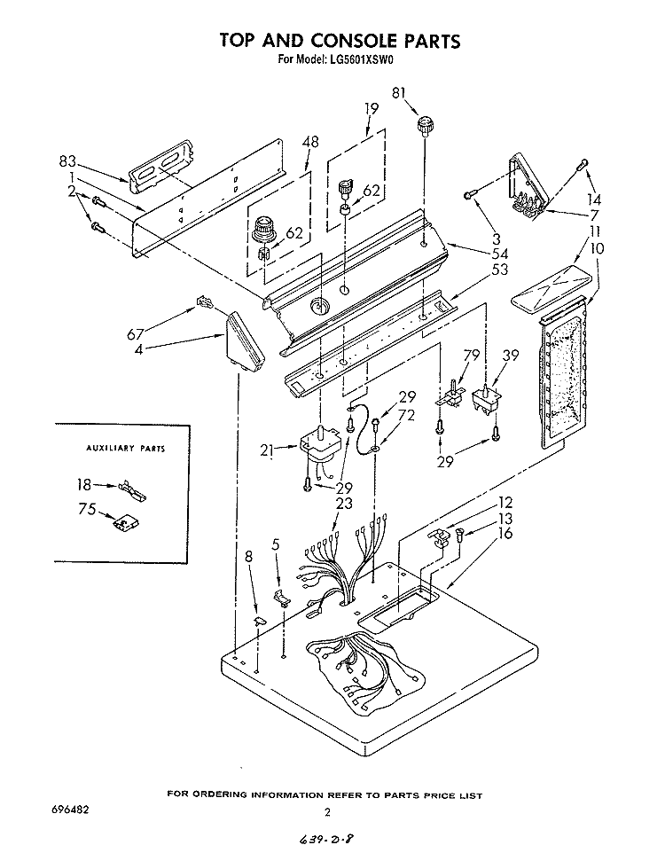 TOP AND CONSOLE, LITERATURE AND OPTIONAL Diagram and Parts List for LG5601XSW0  Whirlpool Dryer