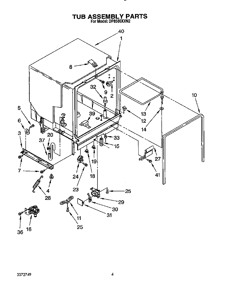 TUB ASSEMBLY Diagram and Parts List for DP8500XXN2  Whirlpool Dishwasher