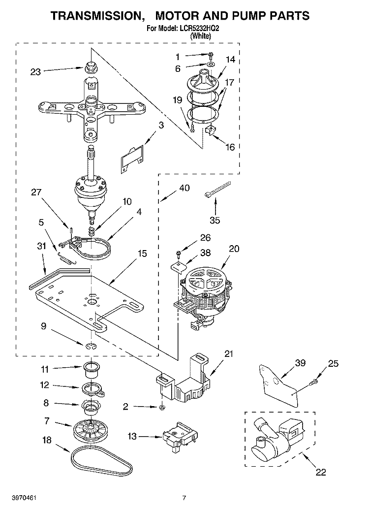 TRANSMISSION, MOTOR AND PUMP PARTS Diagram and Parts List for LCR5232HQ2  Whirlpool Washer