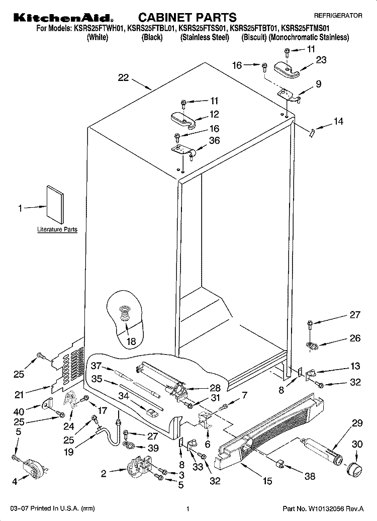 CABINET PARTS Diagram and Parts List for KSRS25FTSS01  KitchenAid Refrigerator