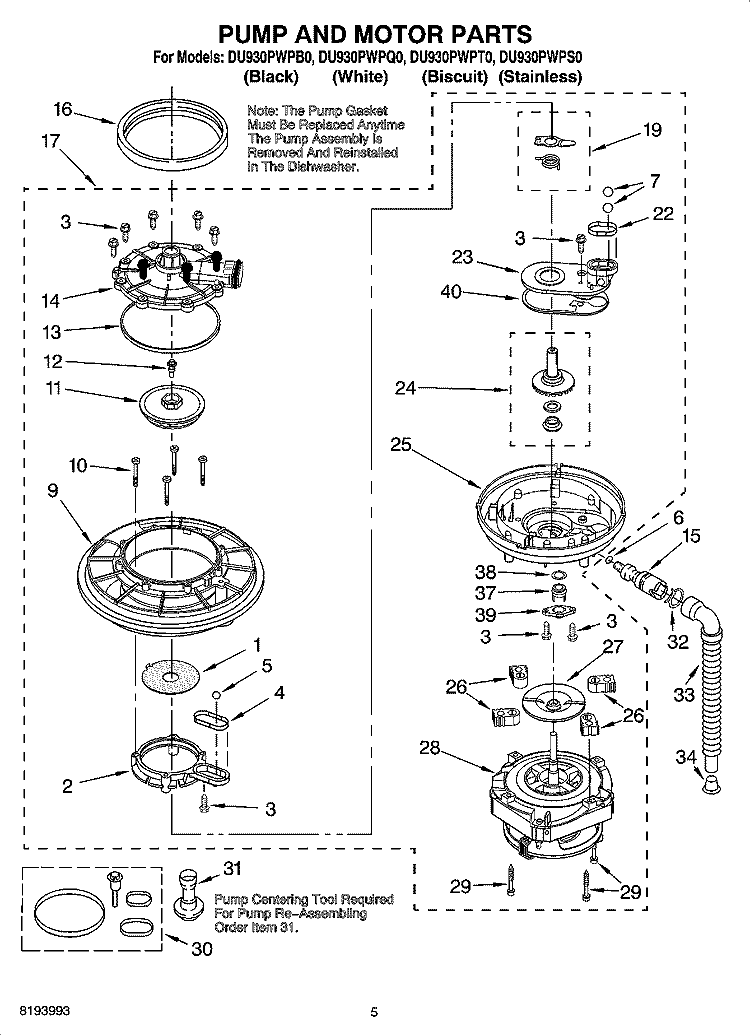 PUMP AND MOTOR PARTS Diagram and Parts List for DU930PWPT0  Whirlpool Dishwasher