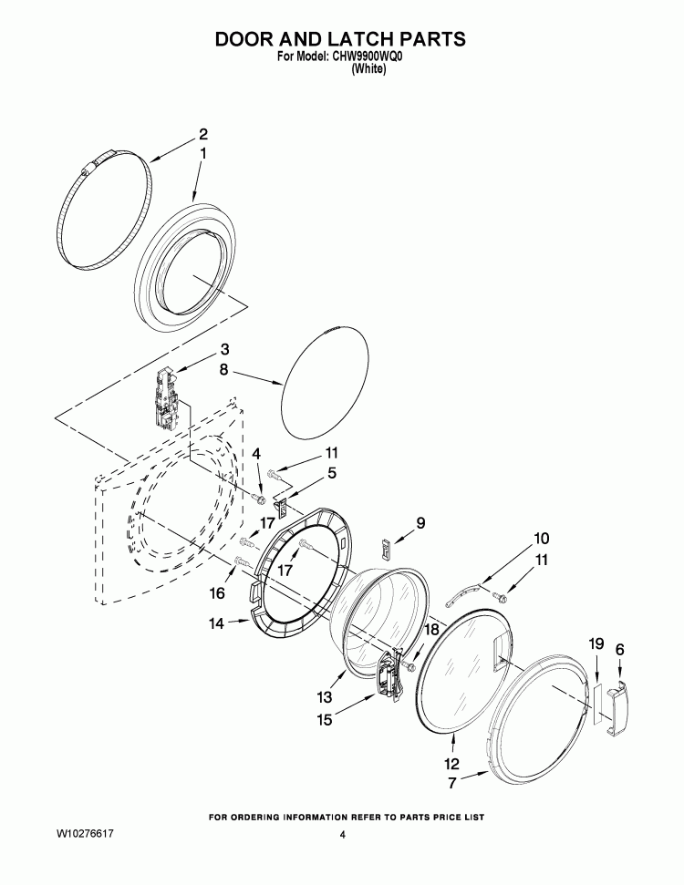 DOOR AND LATCH PARTS Diagram and Parts List for CHW9900WQ0  Whirlpool Washer