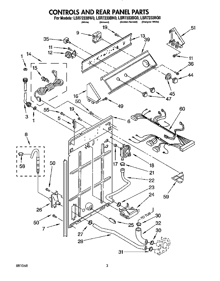 CONTROLS AND REAR PANEL Diagram and Parts List for LSR7233BQ0  Whirlpool Washer