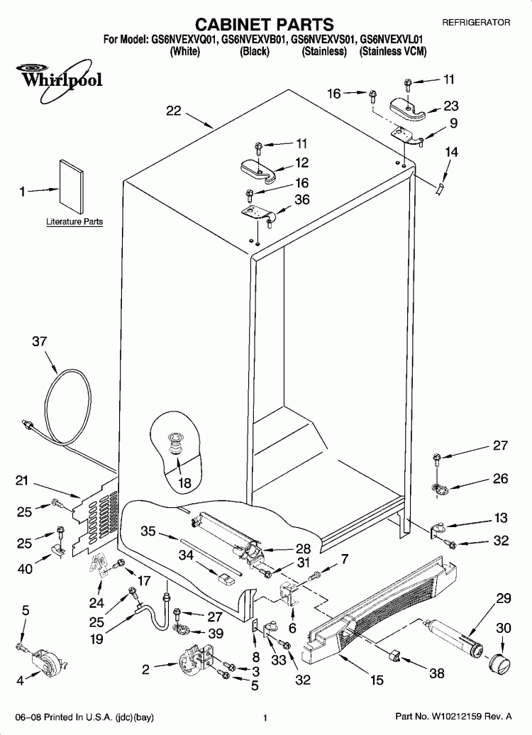CABINET PARTS Diagram and Parts List for GS6NVEXVS01  Whirlpool Refrigerator
