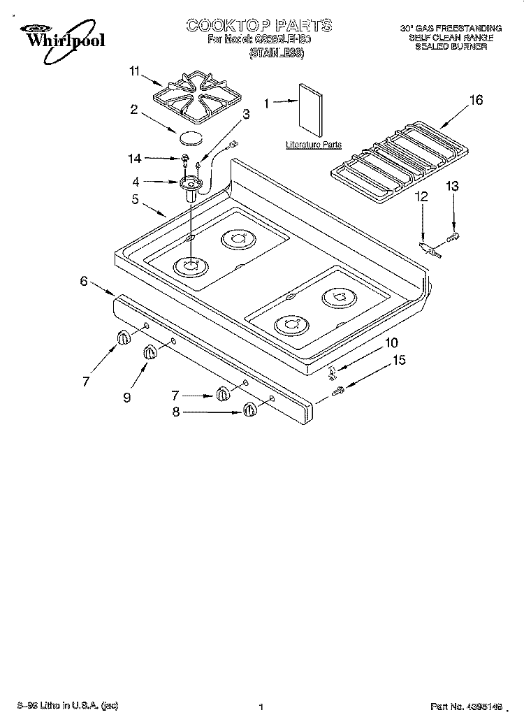 COOKTOP, LITERATURE Diagram and Parts List for GS395LEHS0  Whirlpool Range