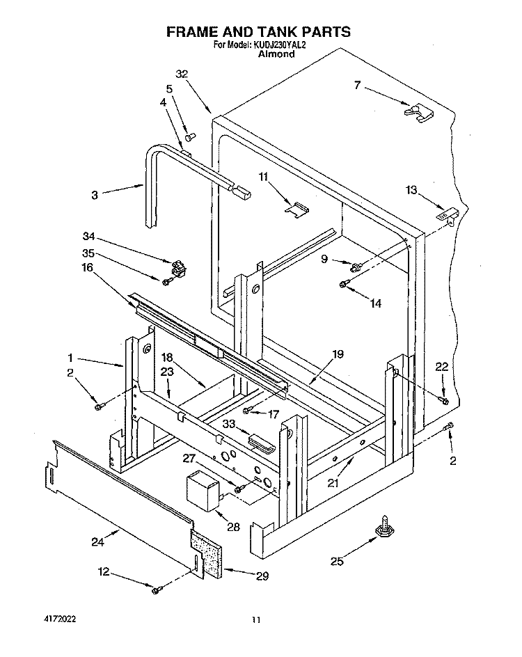 FRAME AND TANK Diagram and Parts List for KUDJ230YAL2  KitchenAid Dishwasher