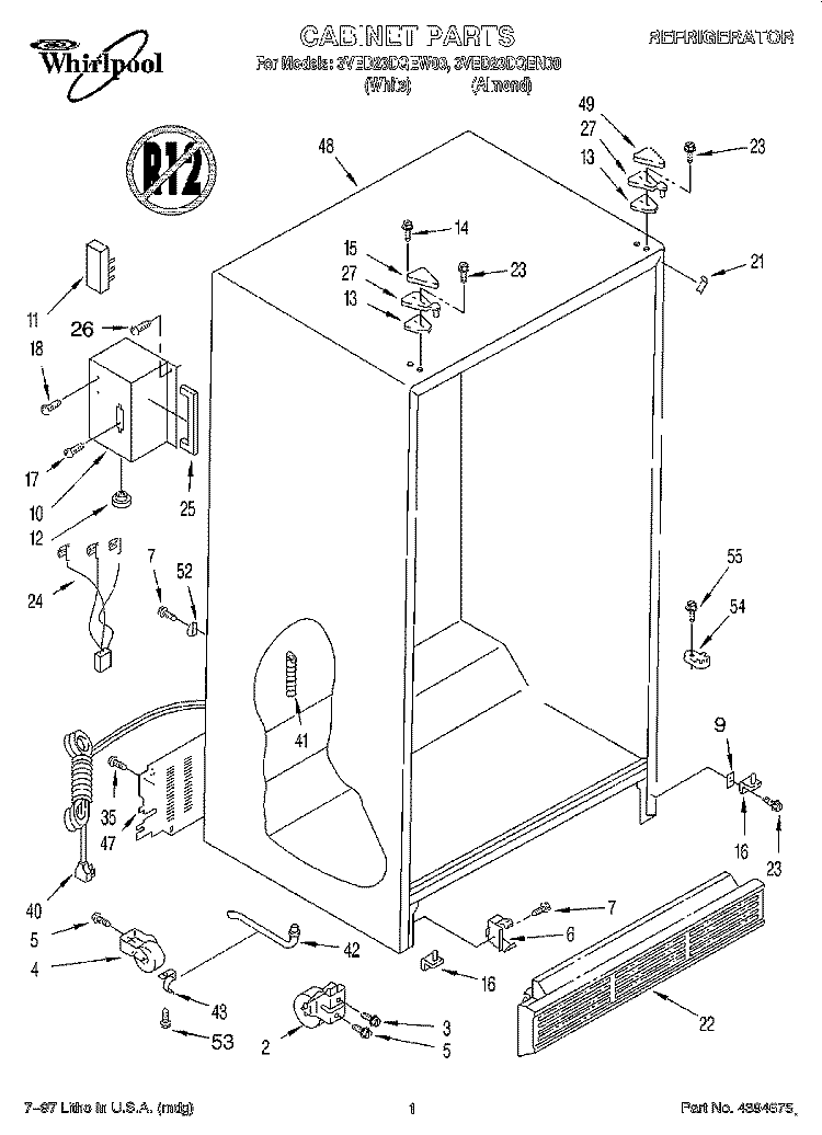 CABINET Diagram and Parts List for 3VED23DQEN00  Whirlpool Refrigerator