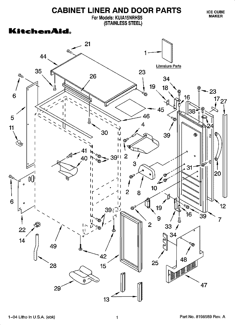 CABINET LINER AND DOOR PARTS Diagram and Parts List for KUIA15NRHS5  KitchenAid Ice Maker