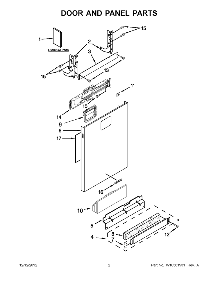 DOOR AND PANEL PARTS Diagram and Parts List for KUDE60HXSS5  KitchenAid Dishwasher