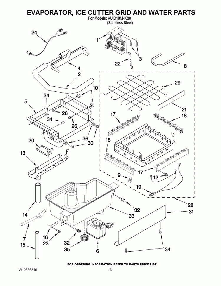 EVAPORATOR, ICE CUTTER GRID AND WATER PARTS Diagram and Parts List for KUIO18NNXS0  KitchenAid Ice Maker
