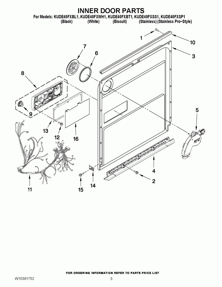 INNER DOOR PARTS Diagram and Parts List for KUDE40FXWH1  KitchenAid Dishwasher