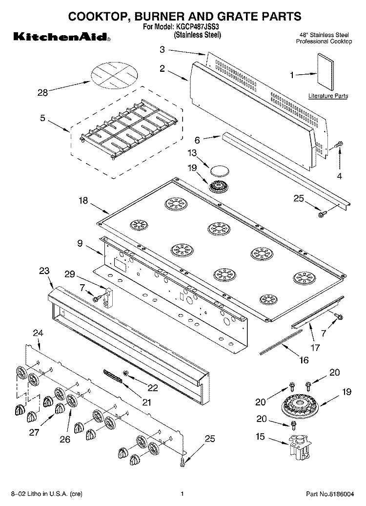 COOKTOP, BURNER AND GRATE PARTS Diagram and Parts List for KGCP487JSS3  KitchenAid Cooktop
