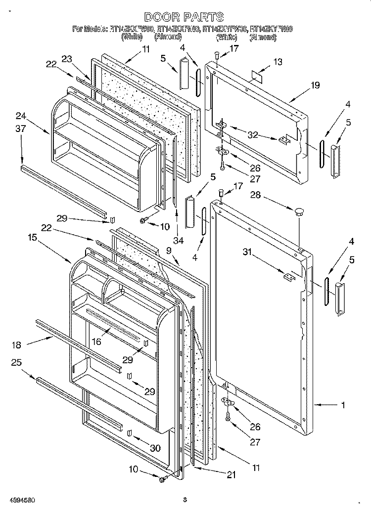 DOOR Diagram and Parts List for RT14ZKXFW00  Roper Refrigerator