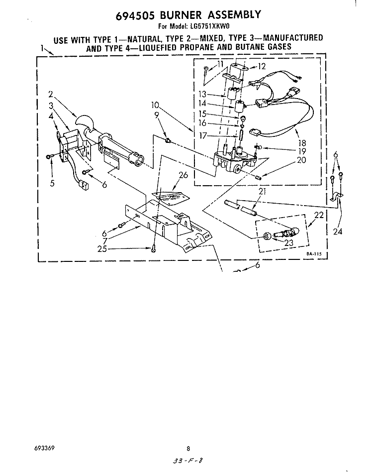 694505 BURNER ASSEMBLY Diagram and Parts List for LG5751XKW0  Whirlpool Dryer