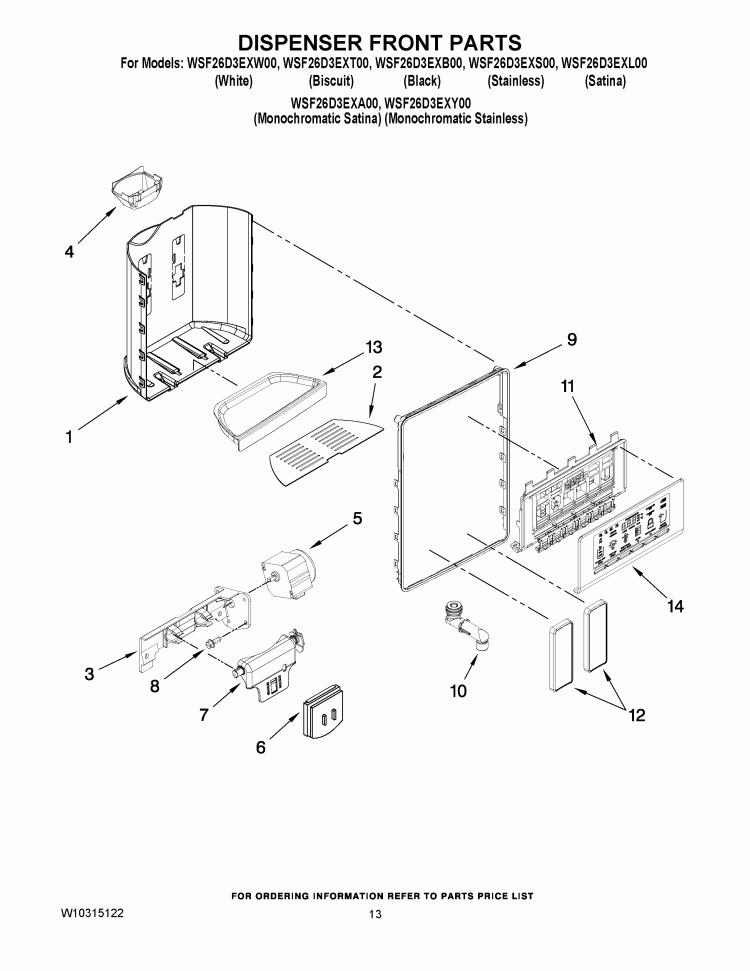 DISPENSER FRONT PARTS Diagram and Parts List for WSF26D3EXS00  Whirlpool Refrigerator