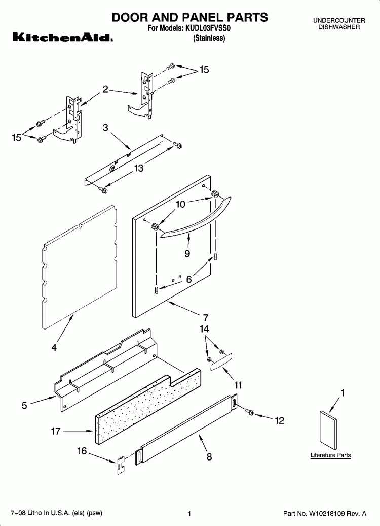 DOOR AND PANEL PARTS Diagram and Parts List for KUDL03FVSS0  KitchenAid Dishwasher