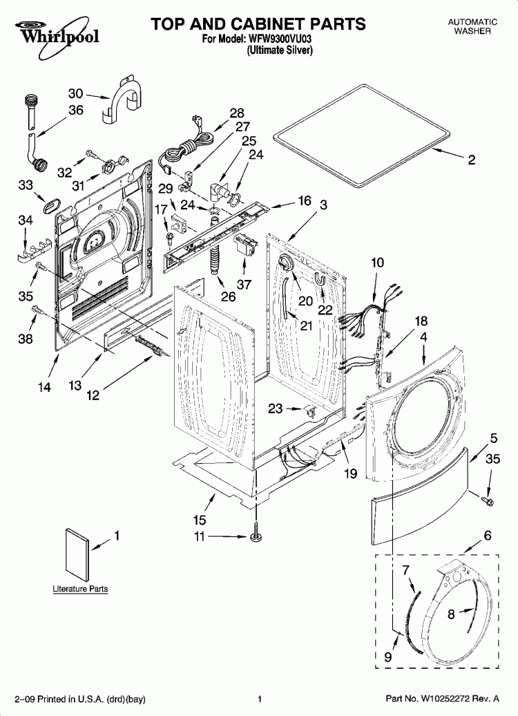 TOP AND CABINET PARTS Diagram and Parts List for WFW9300VU03  Whirlpool Washer