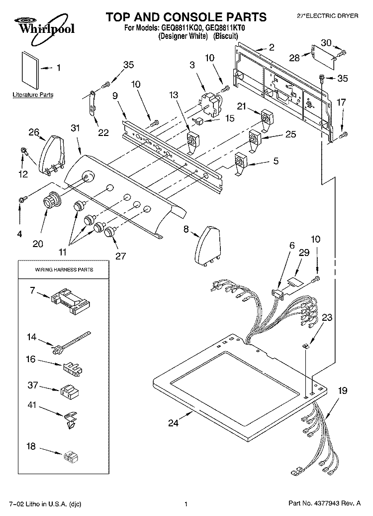 TOP AND CONSOLE Diagram and Parts List for GEQ8811KT0  Whirlpool Dryer