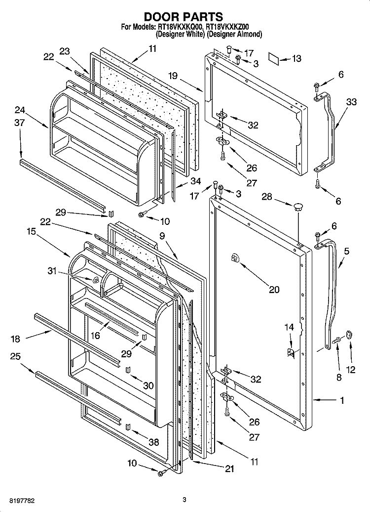 DOOR PARTS Diagram and Parts List for RT18VKXKQ00  Roper Refrigerator