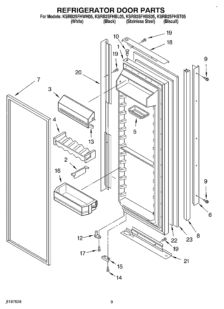 REFRIGERATOR DOOR Diagram and Parts List for KSRB25FHBT05  KitchenAid Refrigerator