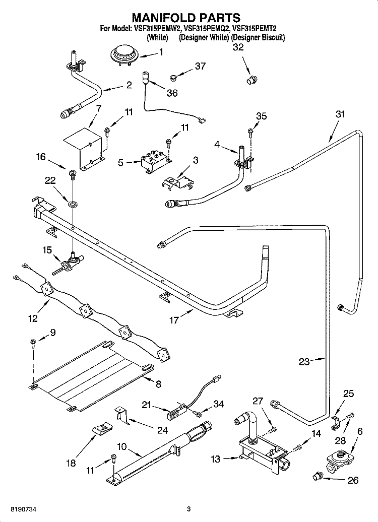 MANIFOLD PARTS Diagram and Parts List for VSF315PEMT2  Whirlpool Range