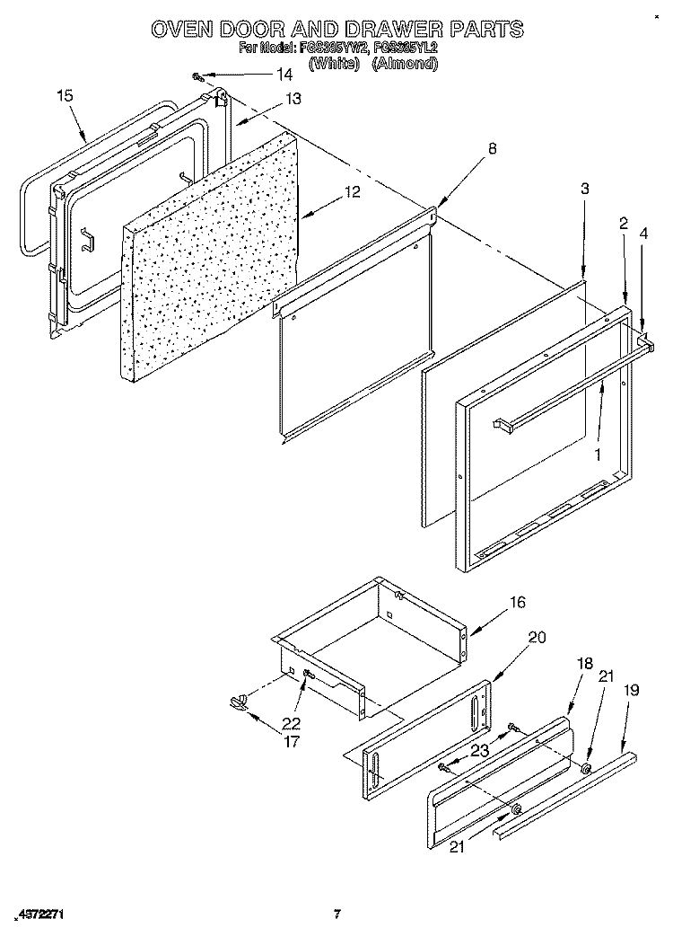 OVEN DOOR AND DRAWER Diagram and Parts List for FGS385YW2  Roper Range