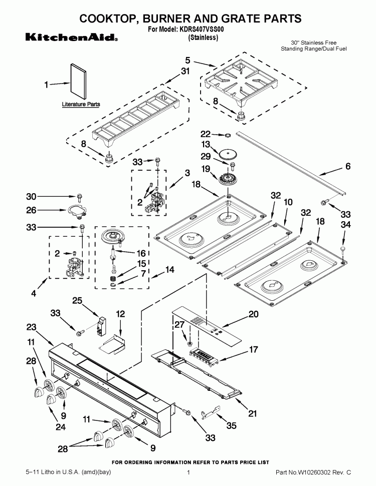 COOKTOP, BURNER AND GRATE PARTS Diagram and Parts List for KDRS407VSS00  KitchenAid Range