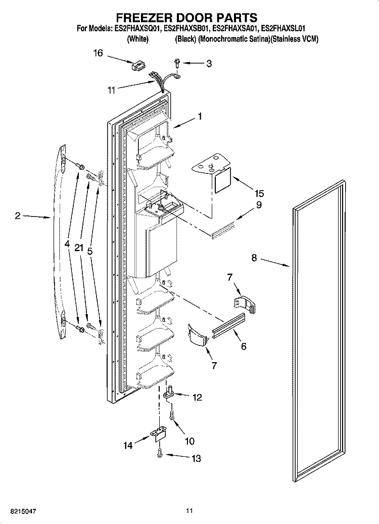 FREEZER DOOR PARTS Diagram and Parts List for ES2FHAXSL01  Whirlpool Refrigerator