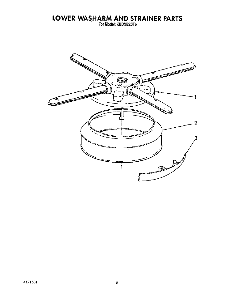 LOWER WASHARM AND STRAINER Diagram and Parts List for KUDM220T5  KitchenAid Dishwasher