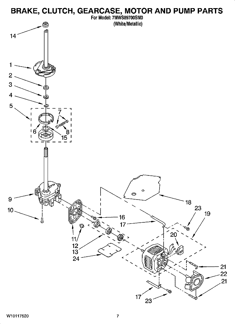 BRAKE, CLUTCH, GEARCASE, MOTOR AND PUMP PARTS Diagram and Parts List for 7MWS89700SM0  Whirlpool Washer