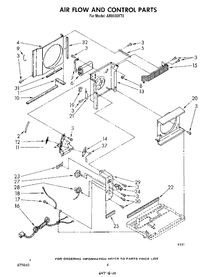 AIRFLOW AND CONTROL Diagram and Parts List for AR0500XT0  Whirlpool Air Conditioner