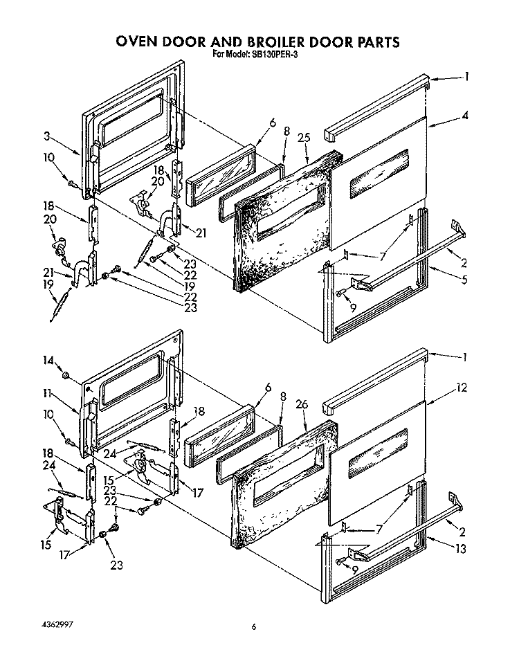 OVENDOOR AND BROILER DOOR, LIT/OPTIONAL Diagram and Parts List for SB130PER3  Whirlpool Range