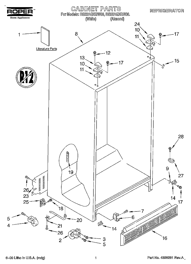 CABINET, LITERATURE Diagram and Parts List for RS22AQXGN00  Roper Refrigerator
