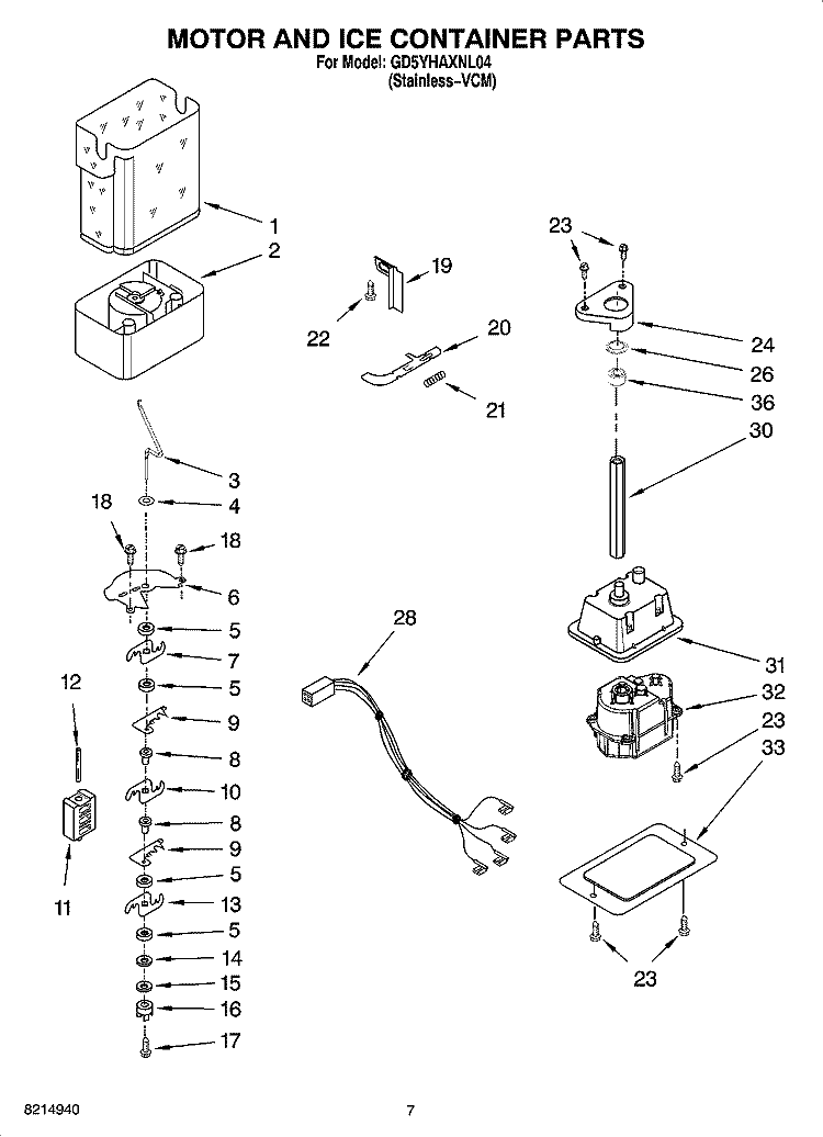 MOTOR AND ICE CONTAINER PARTS Diagram and Parts List for GD5YHAXNL04  Whirlpool Refrigerator