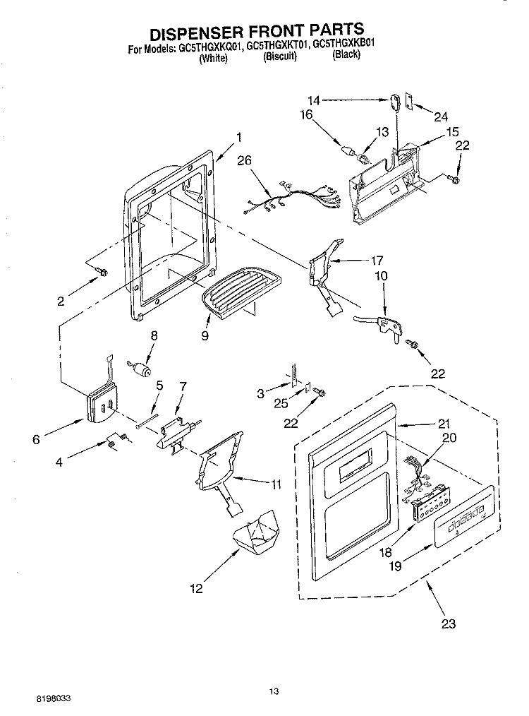 DISPENSER FRONT PARTS Diagram and Parts List for GC5THGXKB01  Whirlpool Refrigerator