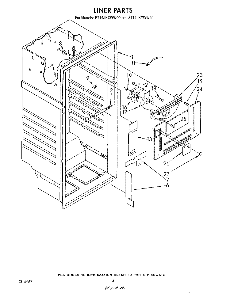 LINER Diagram and Parts List for ET14JKYWN00  Whirlpool Refrigerator