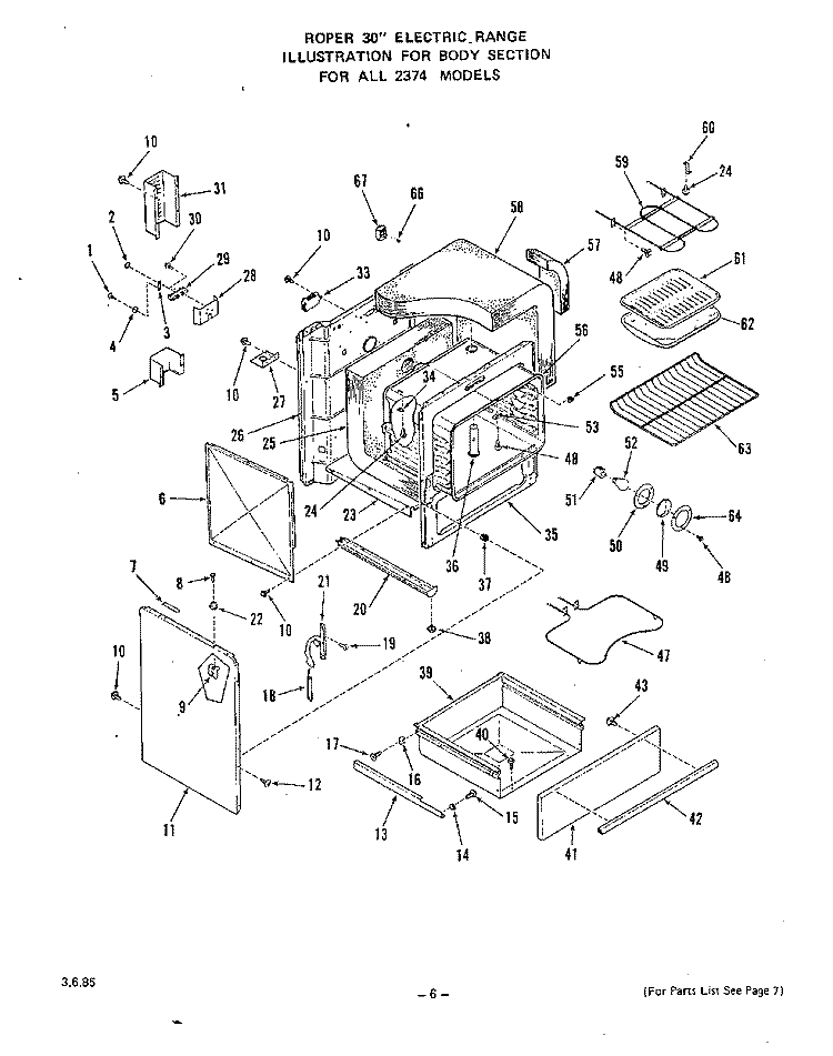 BODY Diagram and Parts List for 2374W1A  Roper Range
