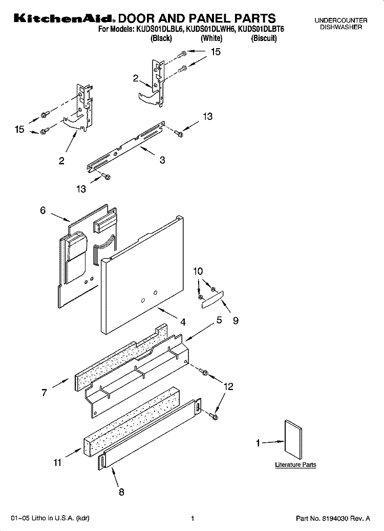 DOOR AND PANEL PARTS Diagram and Parts List for KUDS01DLWH6  KitchenAid Dishwasher