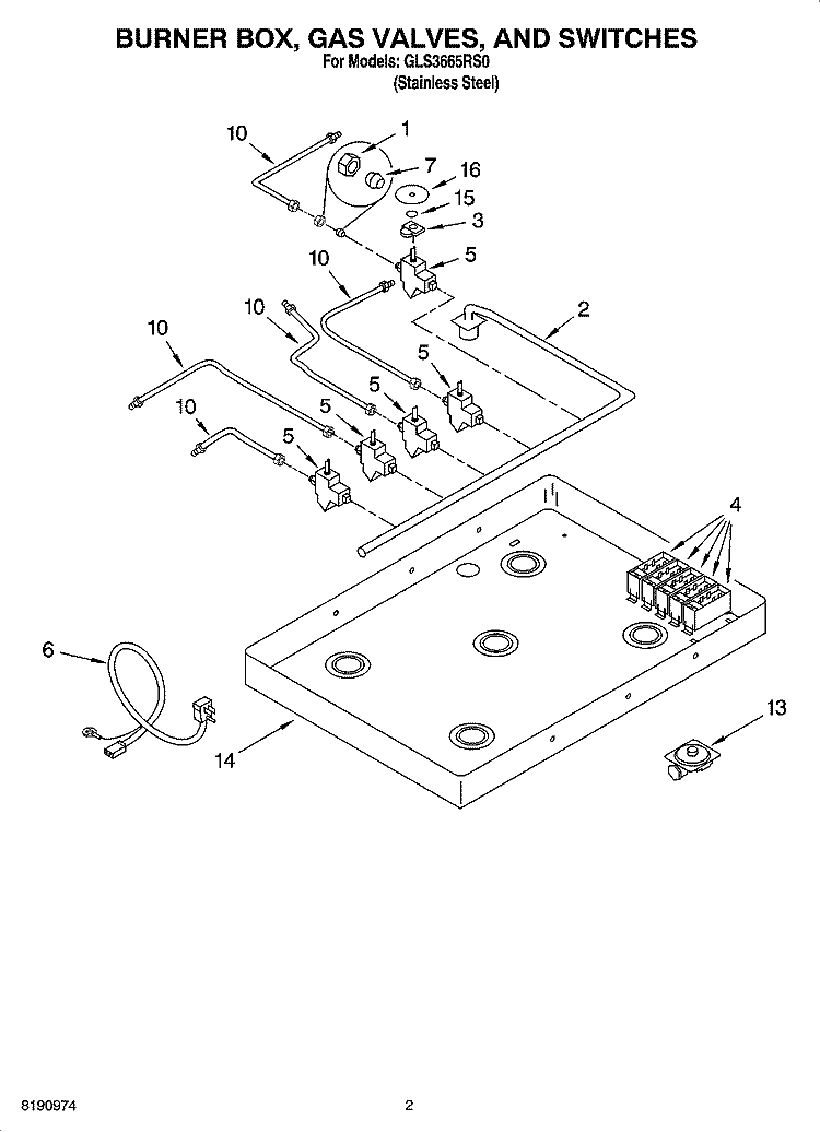 BURNER BOX, GAS VALVES, AND SWITCHES Diagram and Parts List for GLS3665RS0  Whirlpool Cooktop