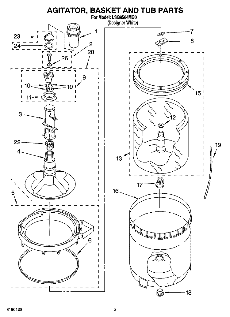 AGITATOR, BASKET AND TUB PARTS Diagram and Parts List for LSQ9564MQ0  Whirlpool Washer